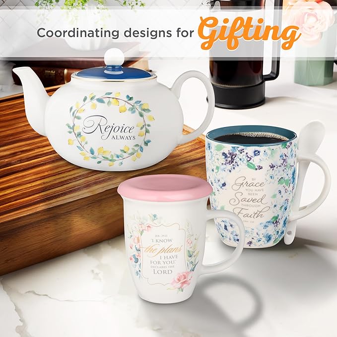 Christian Art Gifts Large Ceramic Cute Inspirational Scripture Teapot for Women: Rejoice Always Bible Verse for Home & Kitchen w/Gold, Easy-pour Lead & Cadmium-free, White/Blue & Yellow Lemons, 34 oz.