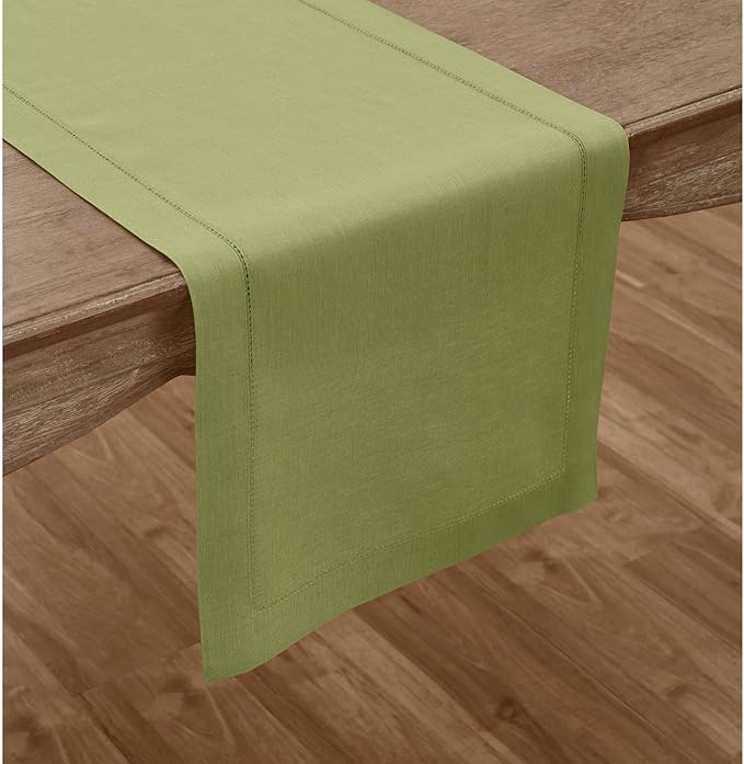 Solino Home Linen Moss Green Table Runner 144 Inches Long - 100% Pure Linen Extra Long Table Runner 14 x 144 Inch for Spring, St Patricks Day, Easter - Classic Hemstitch