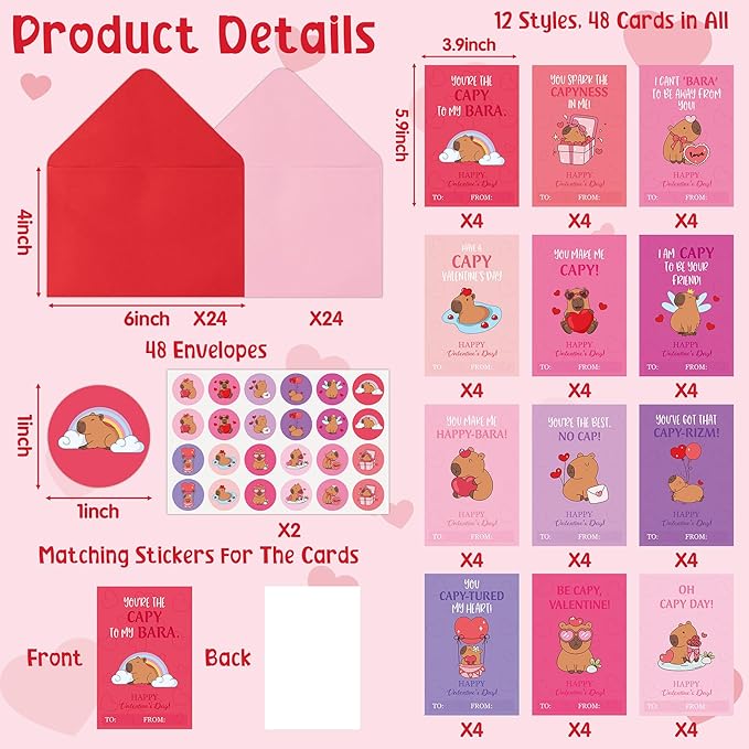 TICIAGA 144pcs Valentine's Day Capybara Greeting Card with Envelop and Stickers for Kids, Fun Animal Notecard Gift Cards for Boys and Girls School Classroom Exchange, Valentines Capybara Party Favors