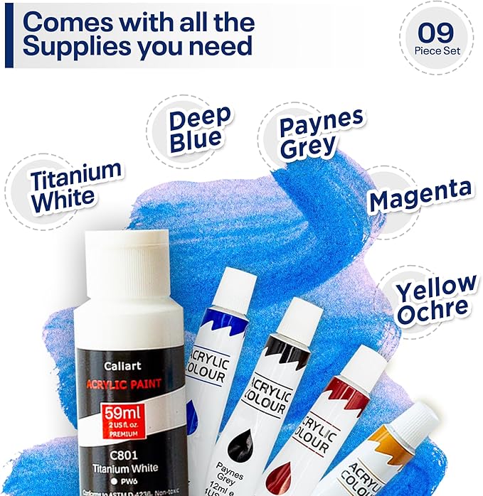 DIY Painting Class Kit for Adults with Video Tutorials: Learn to Paint Moose – How to Paint with Acrylics – Painting & Art Supplies – 9 Piece Acrylic Paint Set
