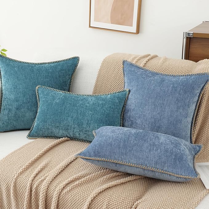 decorUhome Spring Chenille Soft Throw Pillow Covers 24x24 Set of 2, Farmhouse Velvet Neutral Decorative Euro Sham Pillow Covers with Stitched Edge for Couch Sofa Bed Home Decor, Teal