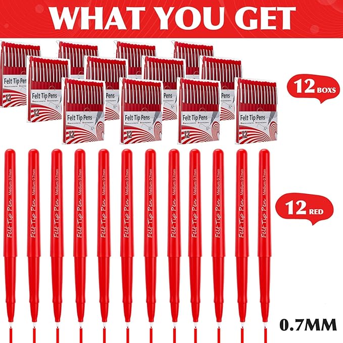 144 Pcs Red Felt Tip Pens 0.7mm Medium Point Pens Bulk, Felt Tip Markers for Journaling, Writing, Note Taking, Planner, Ideal for Office School Art Supplies Gift
