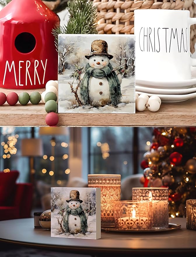 Vintage Snowman Winter Christmas Wooden Box Sign, Snowman Christmas Decorations, Rustic Xmas Winter Snowy Forest Wood Signs for Home Office Desk Shelf Tabletop Decor, 5x5 Inch Decorative Signage