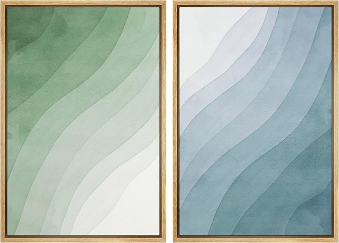 SIGNWIN Framed Canvas Print Wall Art Set Pastel Watercolor Green Blue Wave Collage Abstract Shapes Illustrations Modern Art Minimal Boho Colorful for Living Room, Bedroom, Office - 16"x24"x2 Natural
