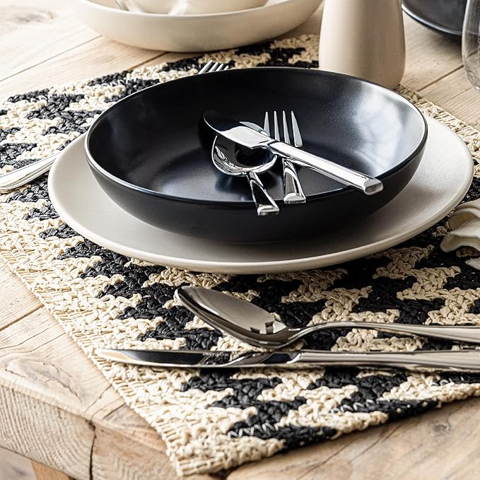 Over&Back Set of 4 Woven Fiber Placemats - Dining Table Mat - Made with Natural Paper Fibers - Kitchen and Home Decor - Chevron - Black