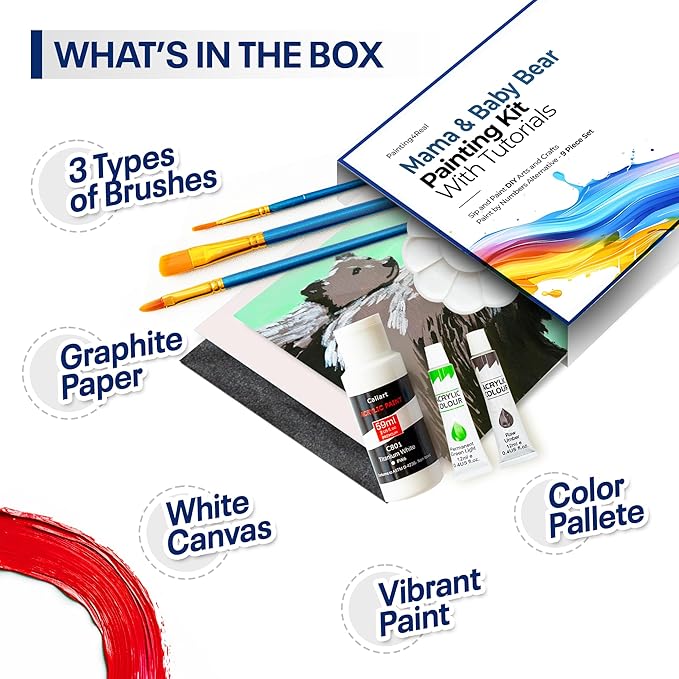DIY Painting Class Kit for Adults with Video Tutorials: Learn to Paint Mama & Baby Bear – How to Paint with Acrylics – Ideal Mothers Day Gift – 9 Piece Acrylic Paint Set