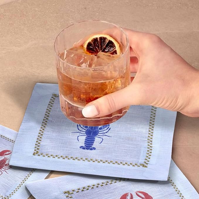 Cocktail Napkins Set of 6, 6x6 inch, 100% Linen, Printed Animal Pattern, Reusable & Washable Cloth Coasters for Beverages, Hosting, Gifting & Everyday Use (Lobster)