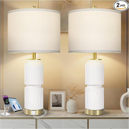 27" Faux Stone Boho Table Lamps Set of 2, Modern Lamps for Living Room with USB A+C Ports, Rustic Nightstand Table Lamps with Linen Shade for Bedroom, Living Room, Office (Bulb Included)