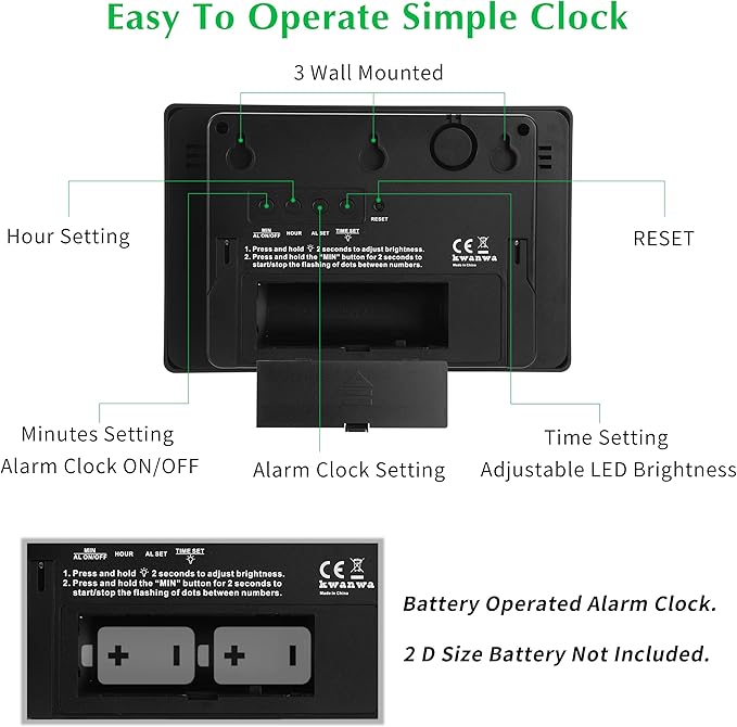KWANWA Alarm Clock, 8" Large Screen Display, Digital Clock, Battery Operated, Auto Dimmer Mode,Wall Clock&Desk Clock for Bedroom, Office, Living Room, Elderly