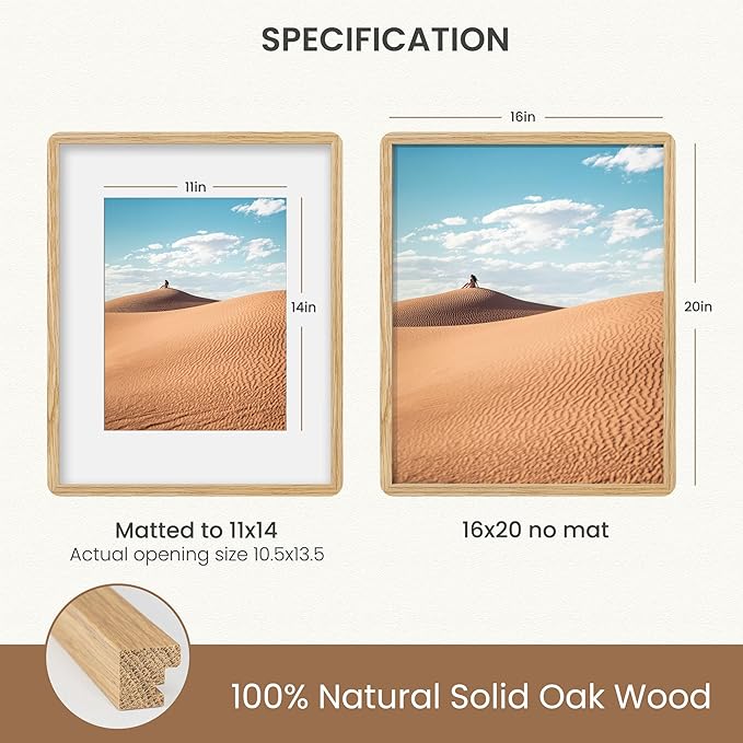 Dreamland 16x20 Picture Frame, Natural Oak Wood Photo Frame with Mat for 11x14, Round Corner 16 x 20 Matted Picture Frames with Resistant Plexiglass for Wall Mounting or Tabletop, Oak Color, Set of 1