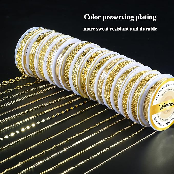 Wisreach Chains Jewelry Making Supplies Gold Chain for Making Jewelry, 111.5 Feet 15 Rolls for DIY Necklace Bracelet Findings with Jump Rings/Lobster Clasps/Connectors