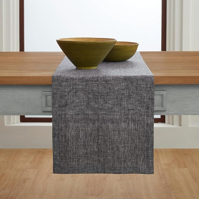 Solino Home Linen Table Runner 72 Inches Long - Athena, 100% Pure Linen Chambray Black Table Runner 14 x 72 Inch for Dining, Winter