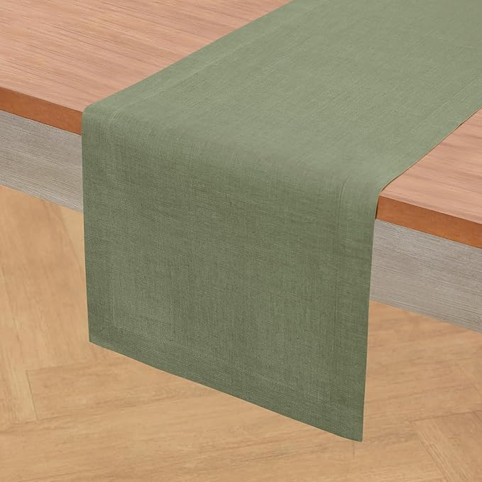 Solino Home Linen Oil Green Table Runner 144 Inches Long - 100% Pure Linen Extra Long Table Runner 14 x 144 Inch for Spring, St Patricks Day, Easter - Fete