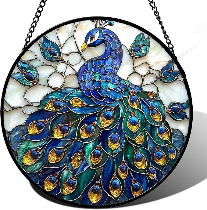 Stained Glass Window Hanging - Peacock Blue Gold Feathers Sun Catcher for Door Garden Home Decor Bird Suncatcher Christmas Mother's Day Birthday Gifts for Women Men Mom Nana 9.8 in