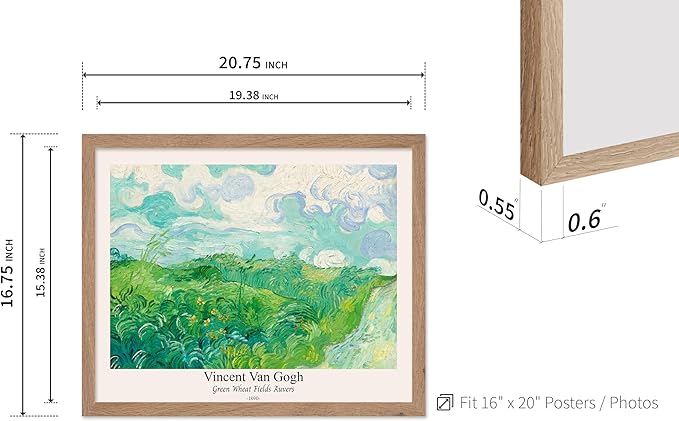 Monem Art Vintage Van Gogh Poster - Retro Green Wheat Fields Auvers Print - Impressionism Art - Fine Art - Landscape Art - Classic Painting Art - Great Living Room Decor - 16x20 Beige Framed