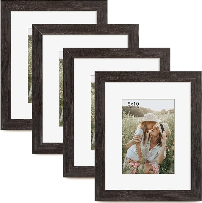 8x10 Picture Frame with Mat for 5x7 Set of 4, Distressed Black Wood Grain 8 x 10 Gallery Wall Picture Frames for Tabletop or Wall Mounting(4 Pack, Black)