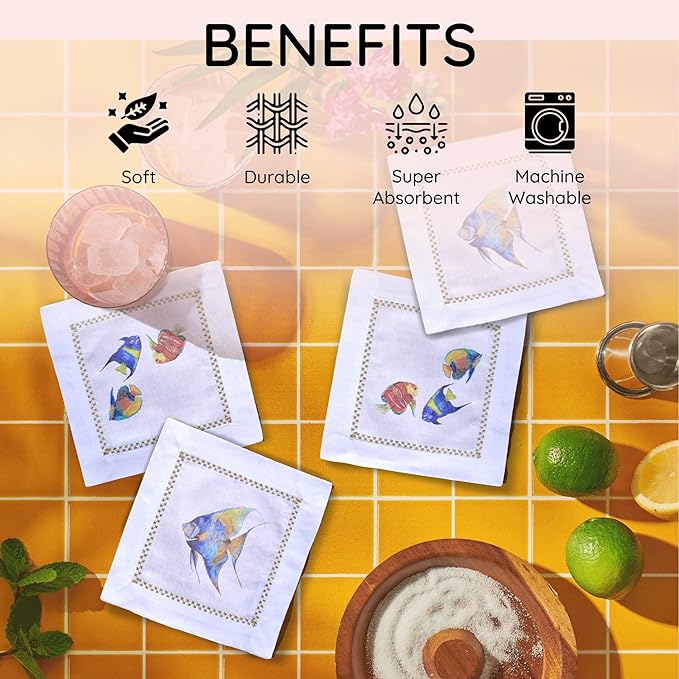 Cocktail Napkins Set of 6, 6x6 inch, 100% Pure Cotton, Printed Animal Pattern, Reusable & Washable Cloth Coasters for Beverages, Hosting, Gifting & Everyday Use (Blue Fish)