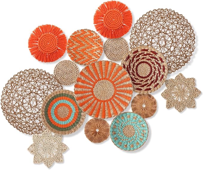 Anglechic 15 Pcs Boho Wall Basket Decor Woven Rattan Seagrass Wall Decor Hanging Rustic Farmhouse Western Art Decoration for Nursery Living Room Bedroom Home Kitchen(Orange Style)