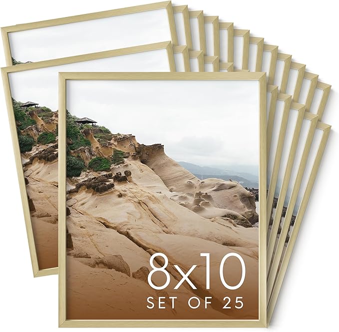 HAUS AND HUES 8x10 Gold Metal Picture Frames - Premium Aluminum with Vertical & Horizontal Hanging, Shatterproof Plexiglass - Perfect for Home, Office (8x10 in, Gold, Set of 25)