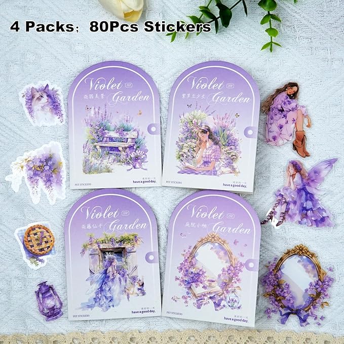 Violet Garden PET Sticker Set, 80PCS Fairy-Themed Scrapbook Supplies Journal Stickers in Purple for DIY Crafts, Planners, and Collages
