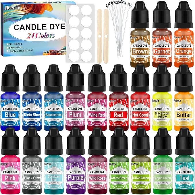 Roizefar Candle Dye - 21 Colors Wax Melt Dye for Candles Making, Oil-Based Dye for Wax, Highly Concentrate Liquid Candle Color Dyes