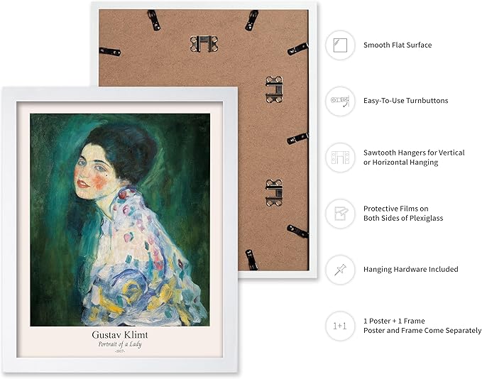 Poster Master Vintage Gustav Klimt Poster - Retro Portrait of a Lady Print - Expressionism Art - Woman Art - Classic Painting - Aesthetic Art - Living Room or Office Decor - 8x10 White Framed