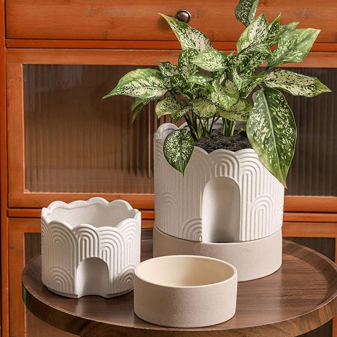 Nihow Self Watering Plant Pot for Indoor Plants with Wick: 8 Inch Ceramic Planter with Drainage Hole & Water Storage - Relief Design - Beige & Nature Flower Pot
