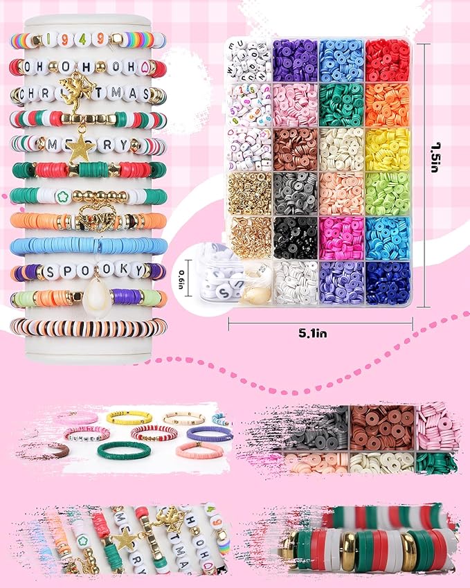 LovelyMoon Clay Beads Bracelet Making Kit Flat Beads with Charms for Friendship Jewelry Making Kit for Beginner Creative Arts and Crafts Gifts for Kids Ages 6 7 8 9 10 11 12 Girls
