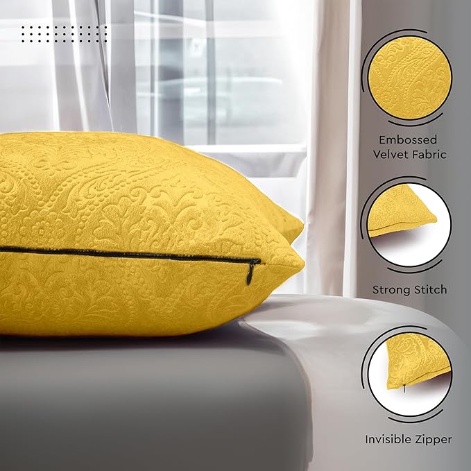Encasa XO Luxury Embossed Velvet Throw Pillow Covers - Plush Cushion Covers for Elegant Living Rooms & Bedrooms, Machine Washable, 20"x20" Lemon Yellow | Set of 2 | Covers Only No Insert