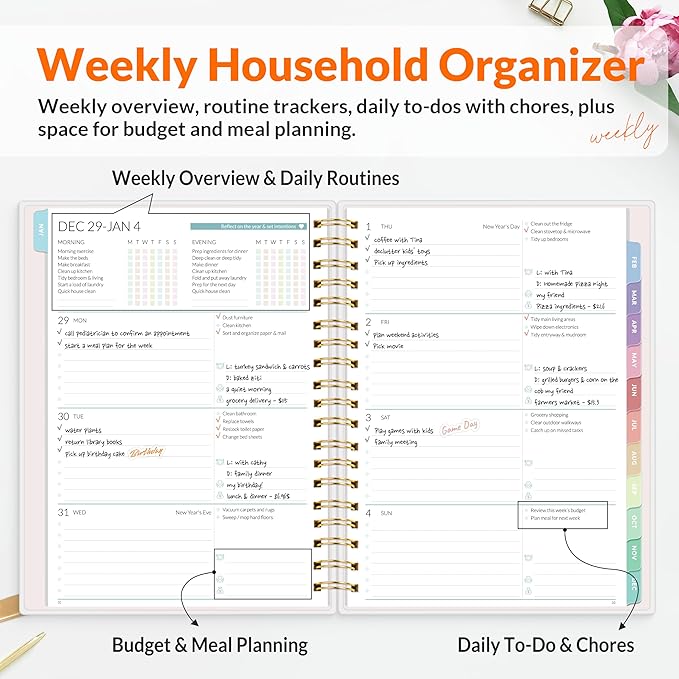 SUNEE Home Planner 2026, Work from Home Planner w/Stickers, JAN 2026 - DEC 2026, Monthly Budget Planner, Checklists for Routines and Goals, Weekly Calendar, Gift-Ready Pack, Poly Laminated Cover,Poppy