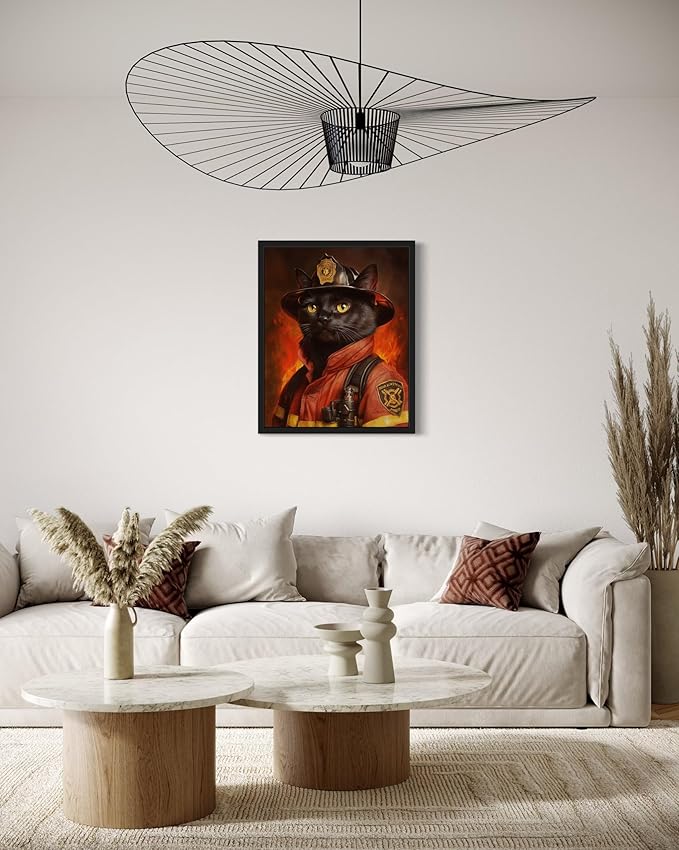 Firefighter Portrait Art Poster Print, Cat Kitten Painting Humor Portrait Pet Artwork Decor Gallery A8 (Firefighter, 8 x 10 inches, Black Frame)