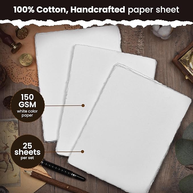 LEATHER VILLAGE Watercolor Paper- 6 X 4 inches - 25 Sheets Watercolor Paper for Drawing, Sketching, Painting & Crafts - 150 GSM Thick Deckle Edge Virgin Cotton Handmade Paper - Off-White