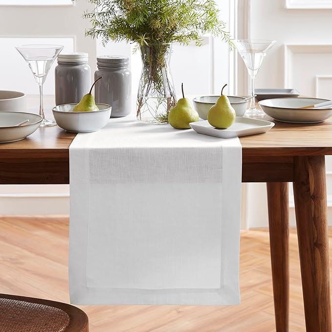 Solino Home Linen Table Runner 54 Inches - 100% Pure Linen White Table Runner 14 x 54 Inch Ideal for Dresser and Coffee Tables - Winter, Spring, Easter, Valentines - Sonoma