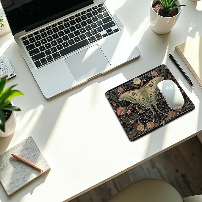 Moody Gothic Moth Mouse Pad, Dark Contemporary Botanical Mousepad for Desk Home Office Dorm Computers Laptop, Witchy Aesthetic Office Supplies Desk Accessories, 9.5x7.9 Inch