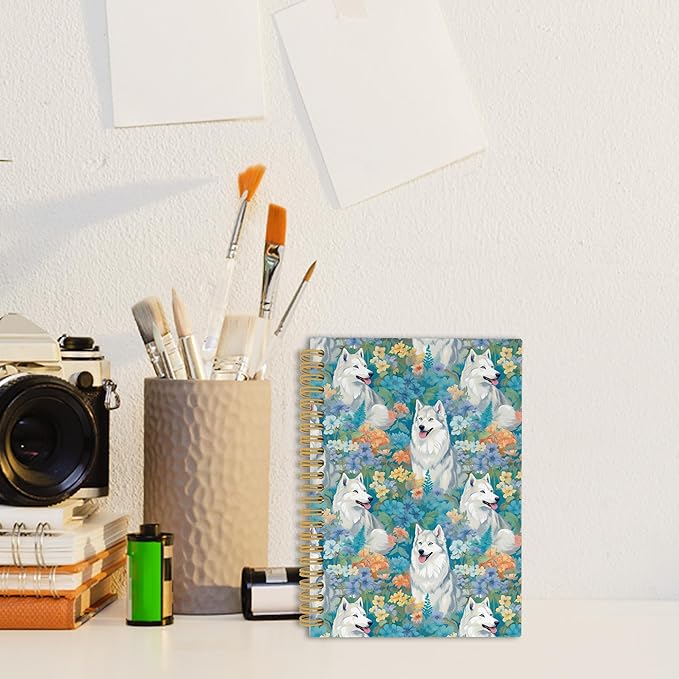Cute Dog Husky Floral Journal Notebook - Siberian Husky Dog Flower Notebooks College Ruled for Work School, Gifts for Dog Mom Dog Lovers, Office Supplies, Hardcover Spiral Notebook 5.5"x8.3"