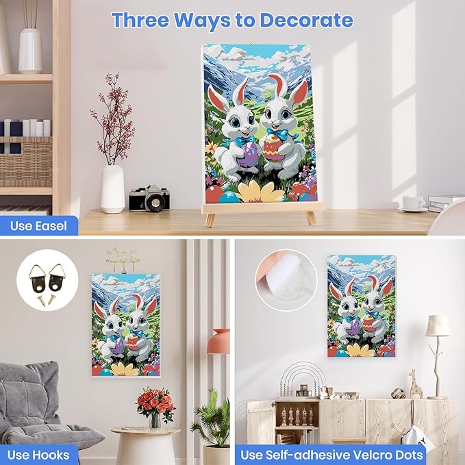 MXJSUA Easter Framed Paint by Numbers for Adults Beginners, Easy Adults' Paint-by-Number Kits on Canvas with Easel, White Bunnies Acrylic Number Painting Crafts Kits Gifts for Home Decor, 8x12inch