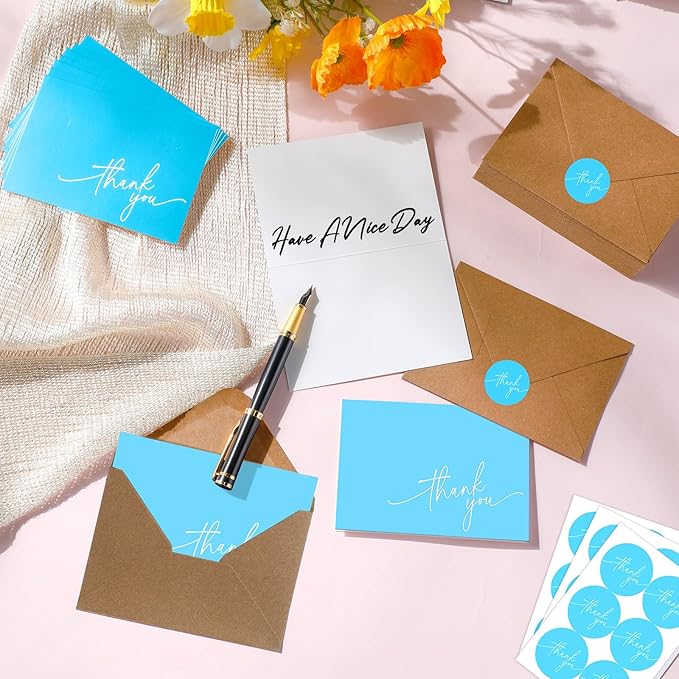 Gueevin 200 Pcs Thank You Cards with Kraft Envelopes and Stickers Bulk, 3.5 x 5 Inch Classy Blank Thank You Notes for Wedding, Business, Graduation, Baby Shower, Bridal Shower, Funeral (Light Blue)