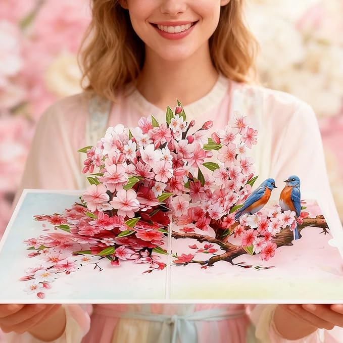 Cherry Blossom Flower Greeting Cards Pop Up 3D Gift for Happy Birthday, Anniversary, Thank you, Robin Bird All Occasions Mom Wife Grandma Grand Parent Couples Men Women