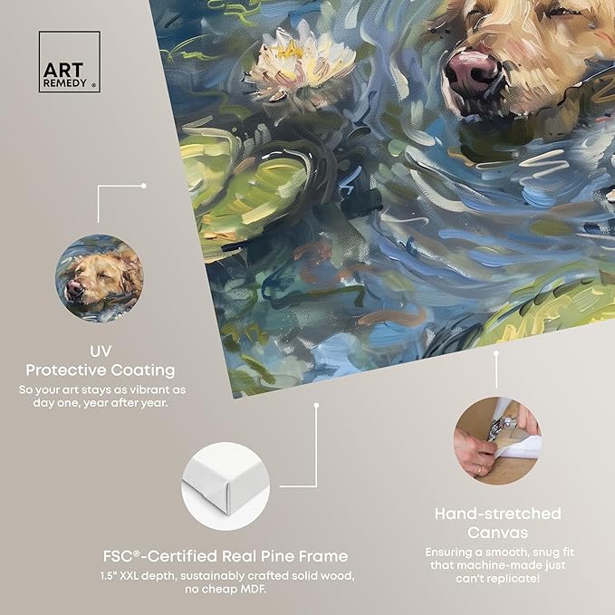 Art Remedy Monet Water Lilies Dog Rustic Chic Farmhouse Canvas Wall Art, Gallery Wrapped, 20"x16"