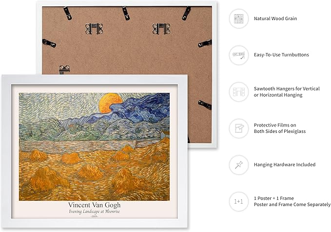 Monem Art Vintage Van Gogh Poster - Retro Evening Landscape at Moonrise Print - Impressionism Art - Fine Art - Classic Painting Art - Aesthetic Living Room Wall Decor - 8x10 White Framed