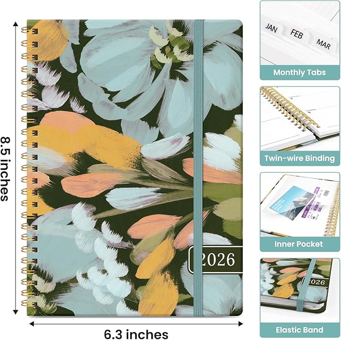 2026 Planner, Weekly and Monthly Calendar Planner for Women, Jan 2026 - Dec 2026, Hardcover Planning Agenda book with Tabs, Spiral Bound, Inner Pocket, Perfect for School Office Supplies, 6.3" x 8.5" - Soft Petals