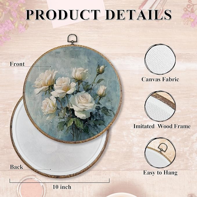 FUGWN Vintage Rose Floral Round Wall Art Decor Framed, Cottagecore White Floral Canvas Artwork Prints, Rustic Farmhouse Flower Wall Hanging Decorations for Home Bedroom Living Room, 10x10 Inch