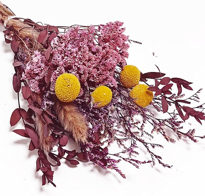 L'BREVOGA Dried Flower Bouquet - Caspia,Rose, Billy Ball, Gypsophila - 15 Inches, Unique Design (Purple)