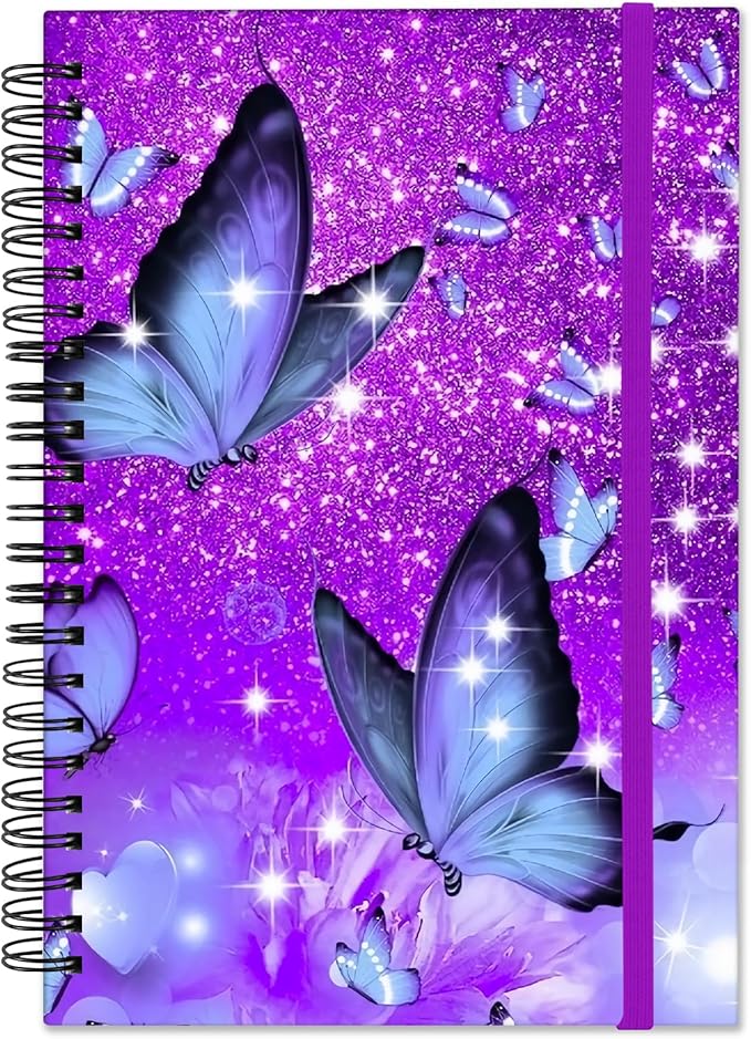 Spiral Notebook,Hardcover Journal Wide Ruled Spiral Notebook,A5 5.5 x 8.3 Inch,80GSM Thick Paper 60 Sheets 120 Pages for Girls Women School Office Aesthetic Cute-Purple Butterfly