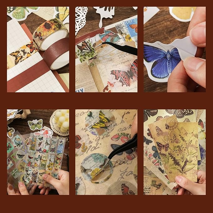 emmoolife Vintage Aesthetic Scrapbooking Supplies Kit, Butterfly Junk Journal Scrapbook Kit with Journaling Supplies, A6 Grid Notebook, Stationery, Birthday Craft Gift Set for Teen Girl Kid Women