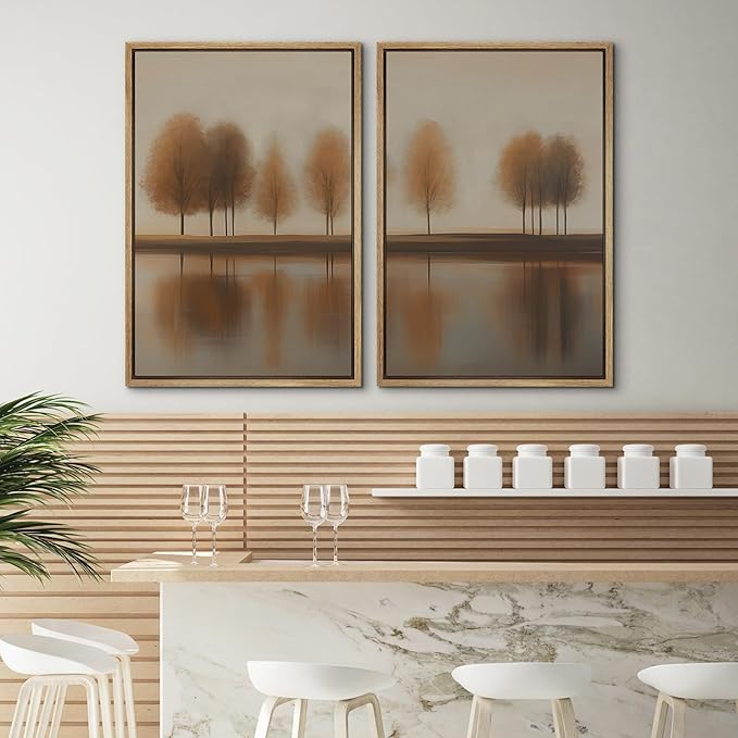 SIGNWIN Framed Canvas Print Wall Art Set Autumn Trees by The Lake Warm Brown Landscape Illustrations Modern Art Scenic Colorful for Living Room, Bedroom, Office - 24"x36"x2 Natural