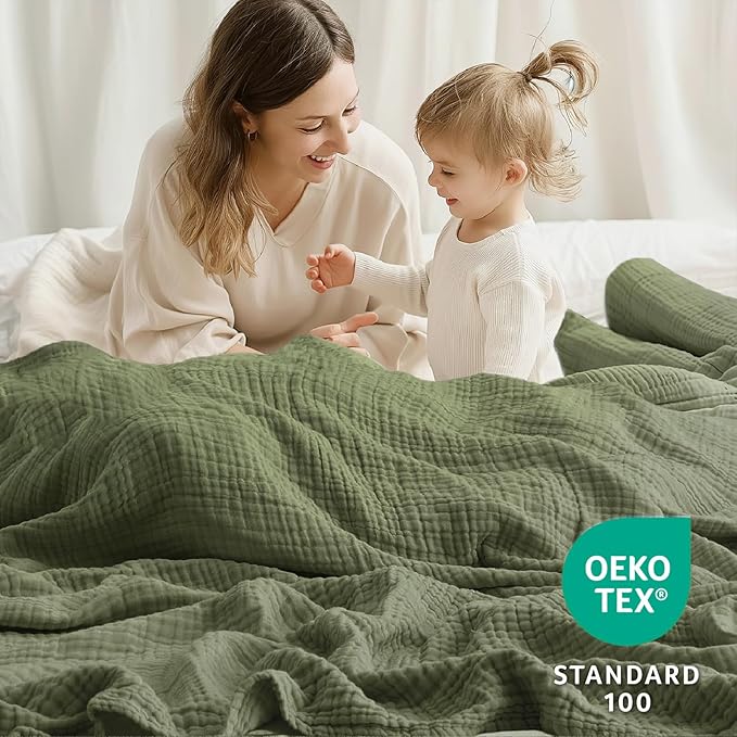 100% Cotton Muslin Blanket King 108" x 90", Breathable and Lightweight Cotton Throw Blanket for Bed, Soft Cooling Summer Gauze Blanket for Adults All Season, Olive Green