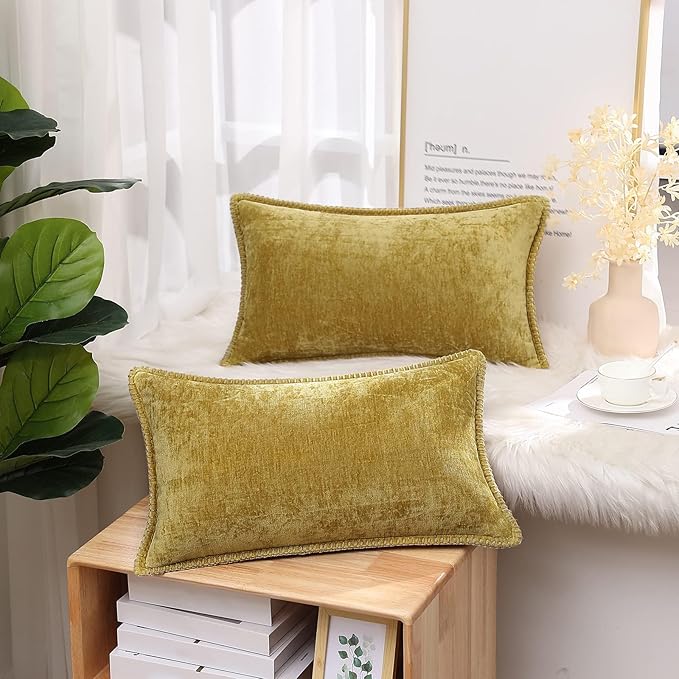decorUhome Spring Chenille Soft Throw Pillow Covers 12x20 Set of 2, Lumbar Velvet Farmhouse Neutral Decorative Pillow Covers with Stitched Edge for Couch Sofa Bed Home Decor, Mineral Yellow