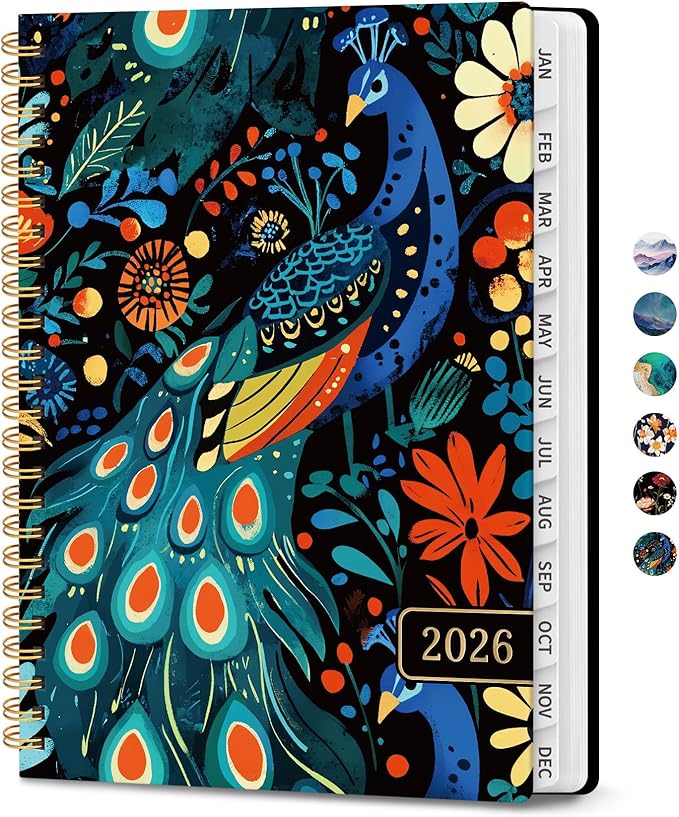 2026 Planner, Monthly and Weekly Calendar Planner for Women, Jan 2026 - Dec 2026, Hardcover Pretty 2026 Agenda Planner Book with Tabs, Spiral Bound, Perfect for School Office Home Supplies, 6.3" x 8.5" - Majestic Peacock
