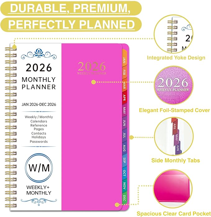 2026 Planner, Weekly and Monthly Planner, January 2026 - December 2026, Calendar Planner A5 (6.5" x 8.5") with Tabs With 8 stickers, Inner Pocket for Home School Office Supplies (Red)